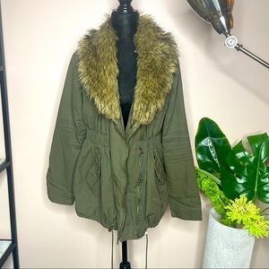 Women's Khaki Utility Jacket with Faux Fur Collar